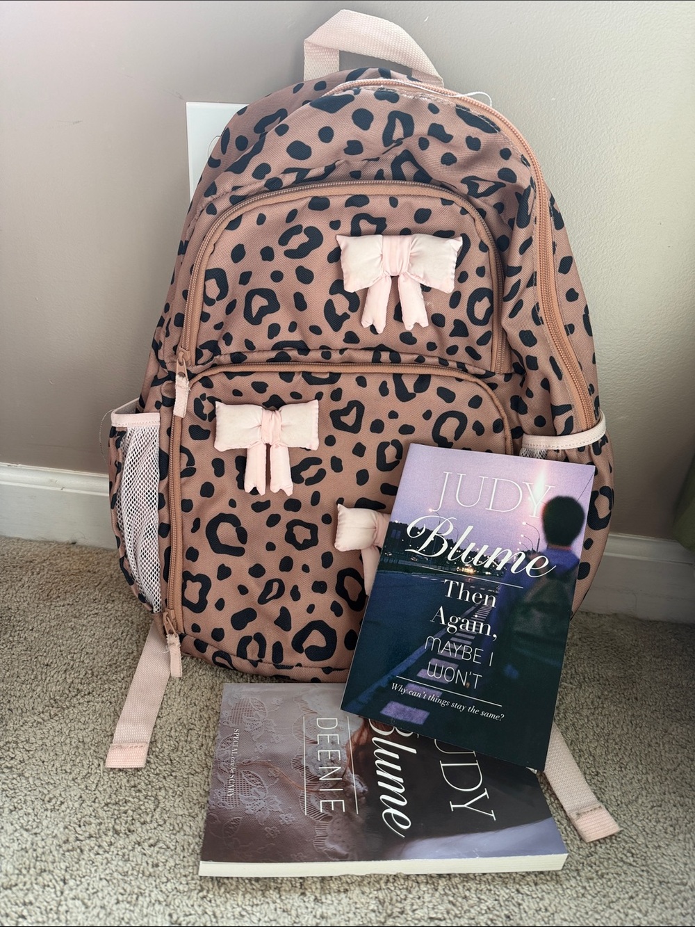 Leopard Print Kids Backpack with Pink Bows